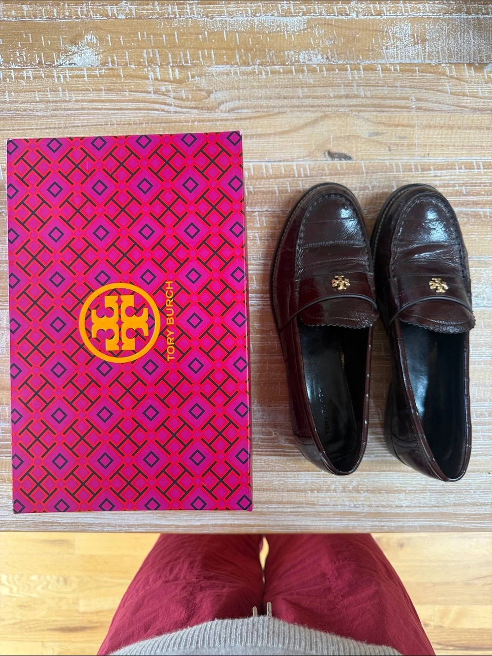 Tory Burch Women's Dark Brown Leather Penny Loafers with Gold Logo
